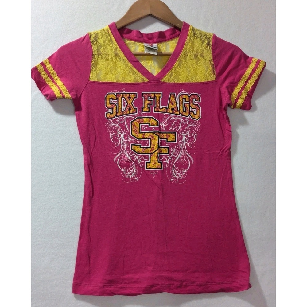 Six Flags Pink Yellow Lace V-Neck T-Shirt S Graphic Top Y2K Theme Park Tee